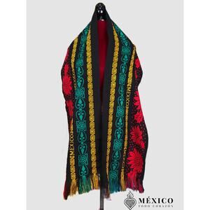 Mexican Rebozo ,  Cambaya Design, red green white Pattern with Fringe, 77 x 9
